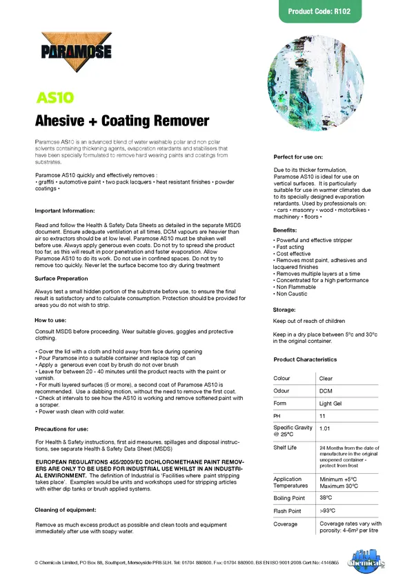 AS10 Adhesive + Coating Remover Datasheet PDF 